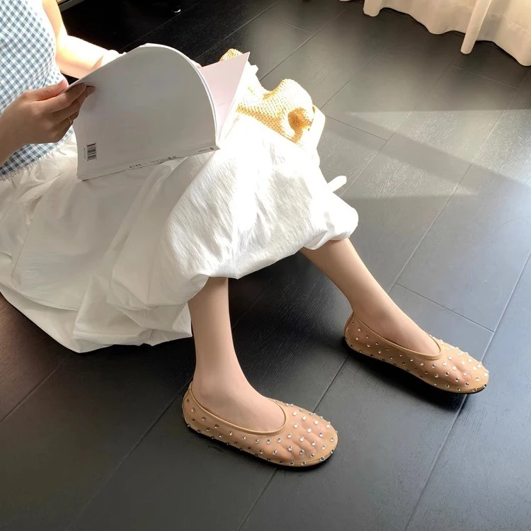 DDOU LA MODE平底网纱芭蕾舞鞋女配裙子水钻柔软浅口玛丽珍单鞋