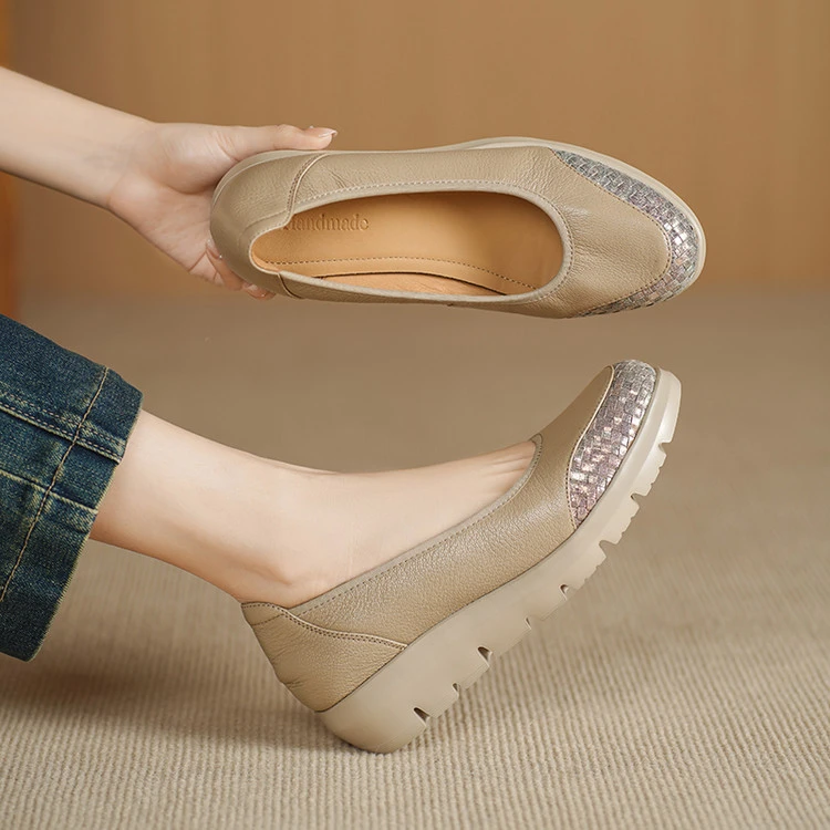 软羊皮~4.5cm宽胖脚厚底平跟休闲奶奶鞋舒适真皮浅口单鞋时髦百搭