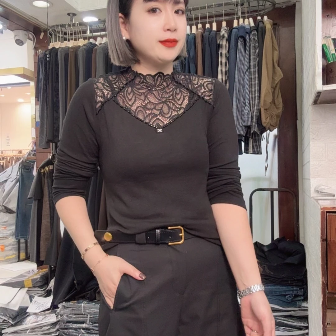 早秋新款半高领蕾丝拼接长袖T恤女洋气百搭修身显瘦小衫上衣7632