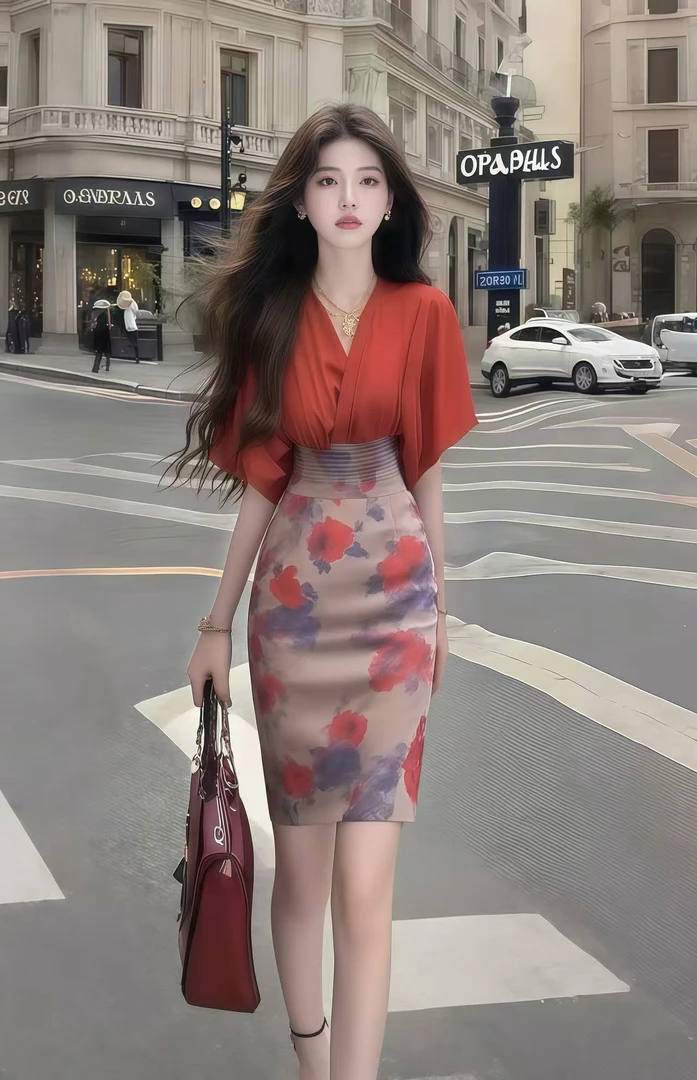 温柔纯欲千金风松弛感V领短袖收腰包臀女时尚气质红色短裙两件套