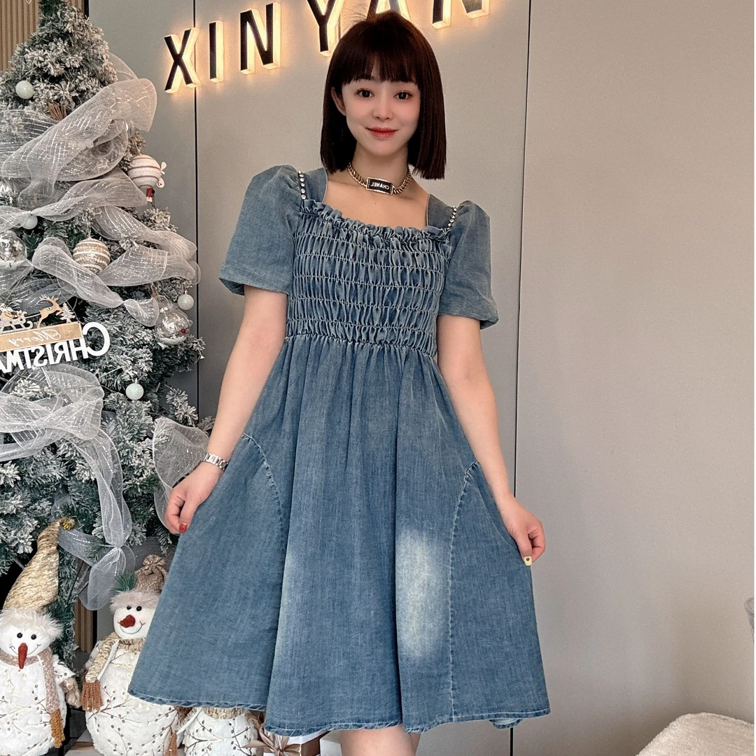 【鑫焱甄选】2025春季水洗软牛仔收腰连衣裙重工钉钻高级感十足