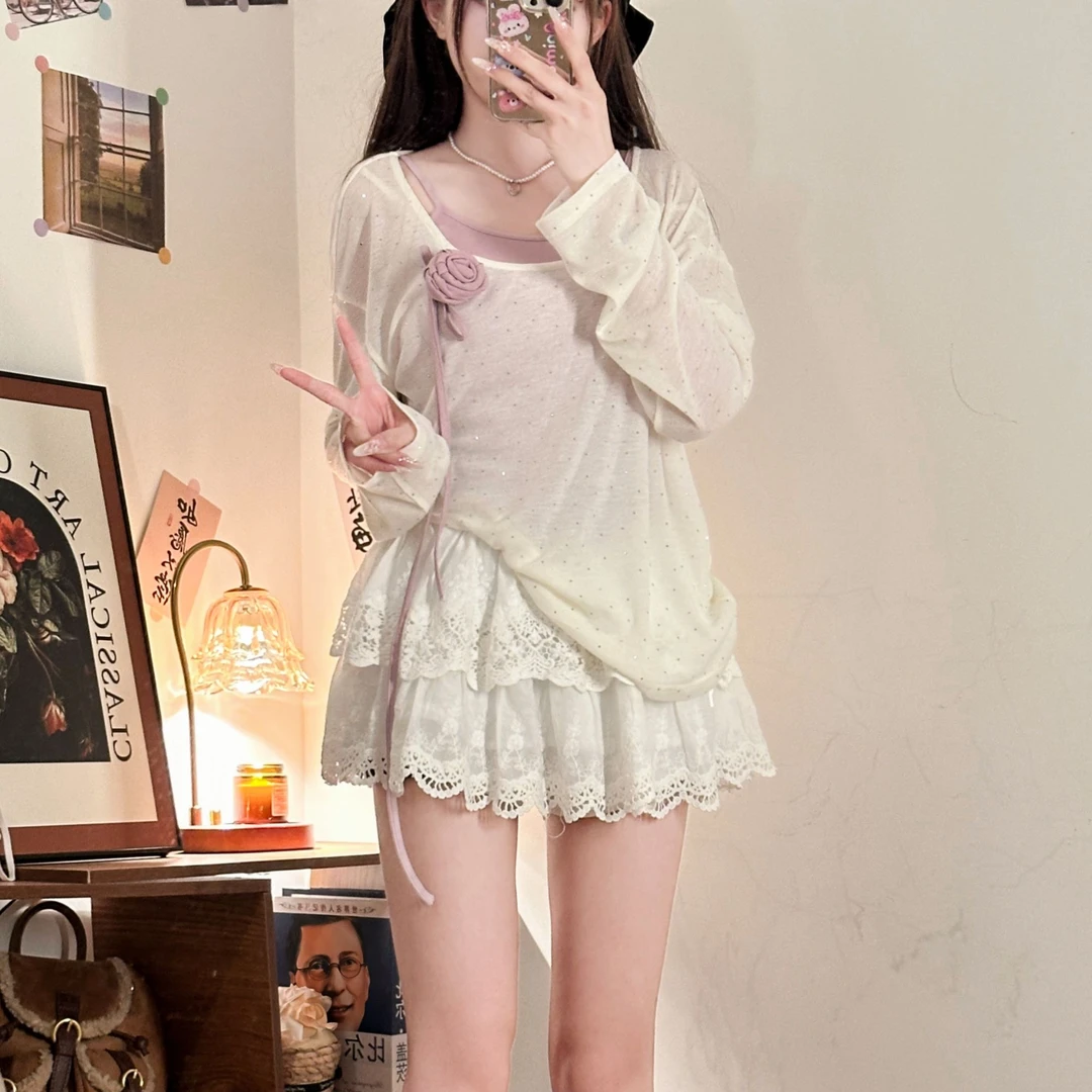 乖乖甜茶单拍 织物猪原创 夏日甜美玫瑰慵懒学院宽松上衣遮肉裙子