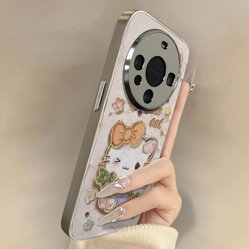 油画kt猫适用华为mate70pro手机壳小羊皮m60新款高级p80轻奢硅胶