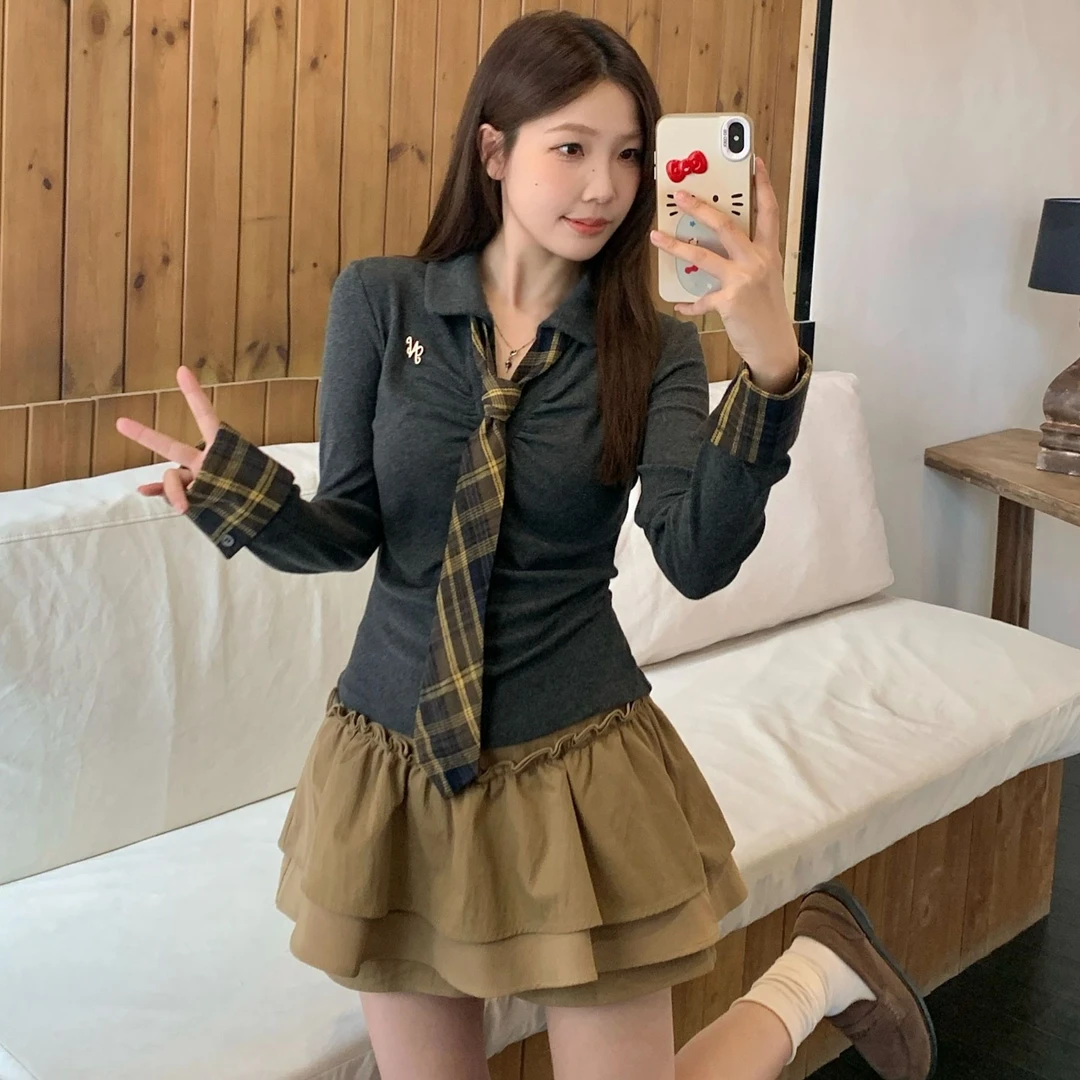 减龄学院风时尚套装2025秋季新款撞色翻领格子收腰上衣高腰蛋糕裙