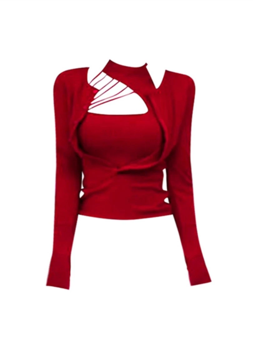微胖红色挂脖打底衫女春新款设计感内搭假两件性感辣妹上衣
