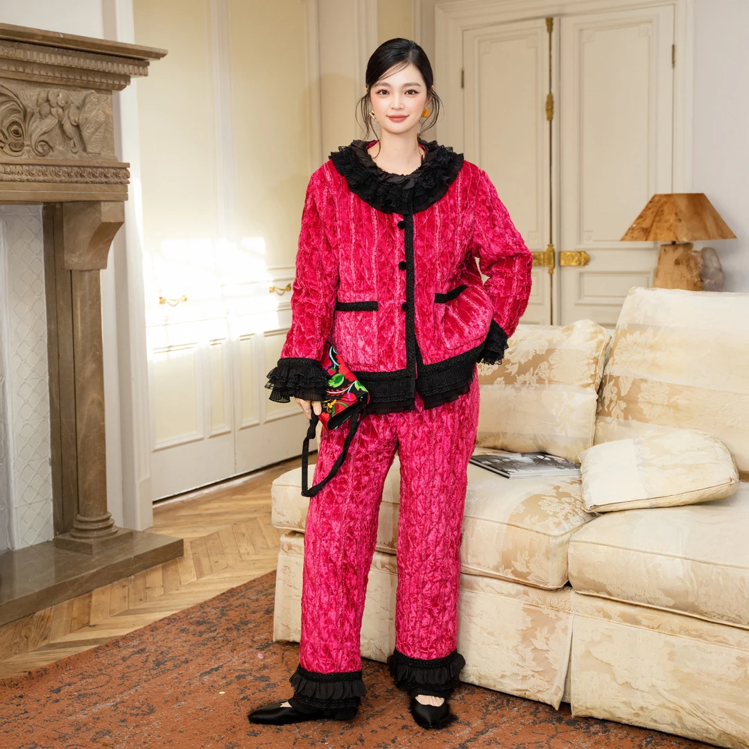 AUDREYWANG“莓果梦境”重工蕾丝花边绗棉设计师女装睡衣套装13151