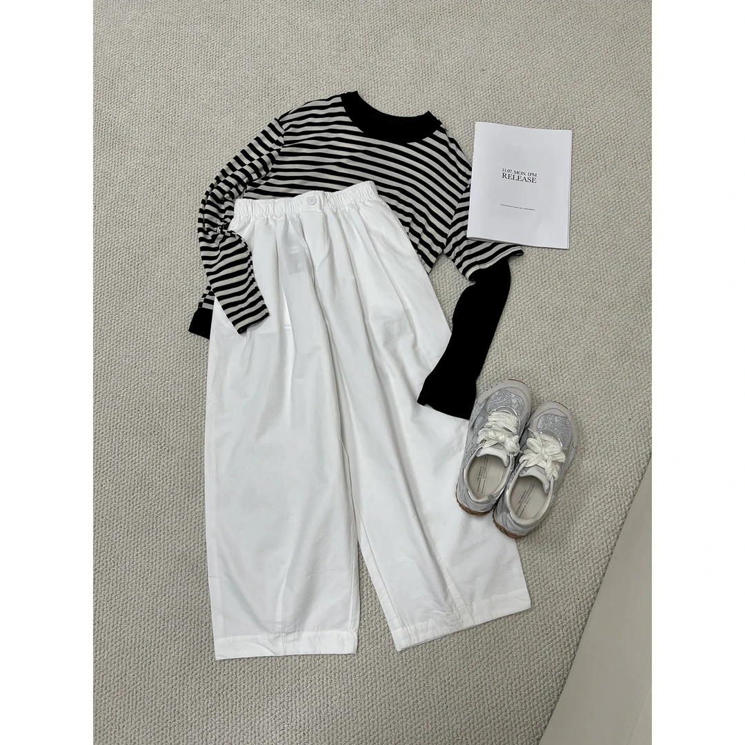 松紧腰白色九分休闲裤 棉裤M2505（清）