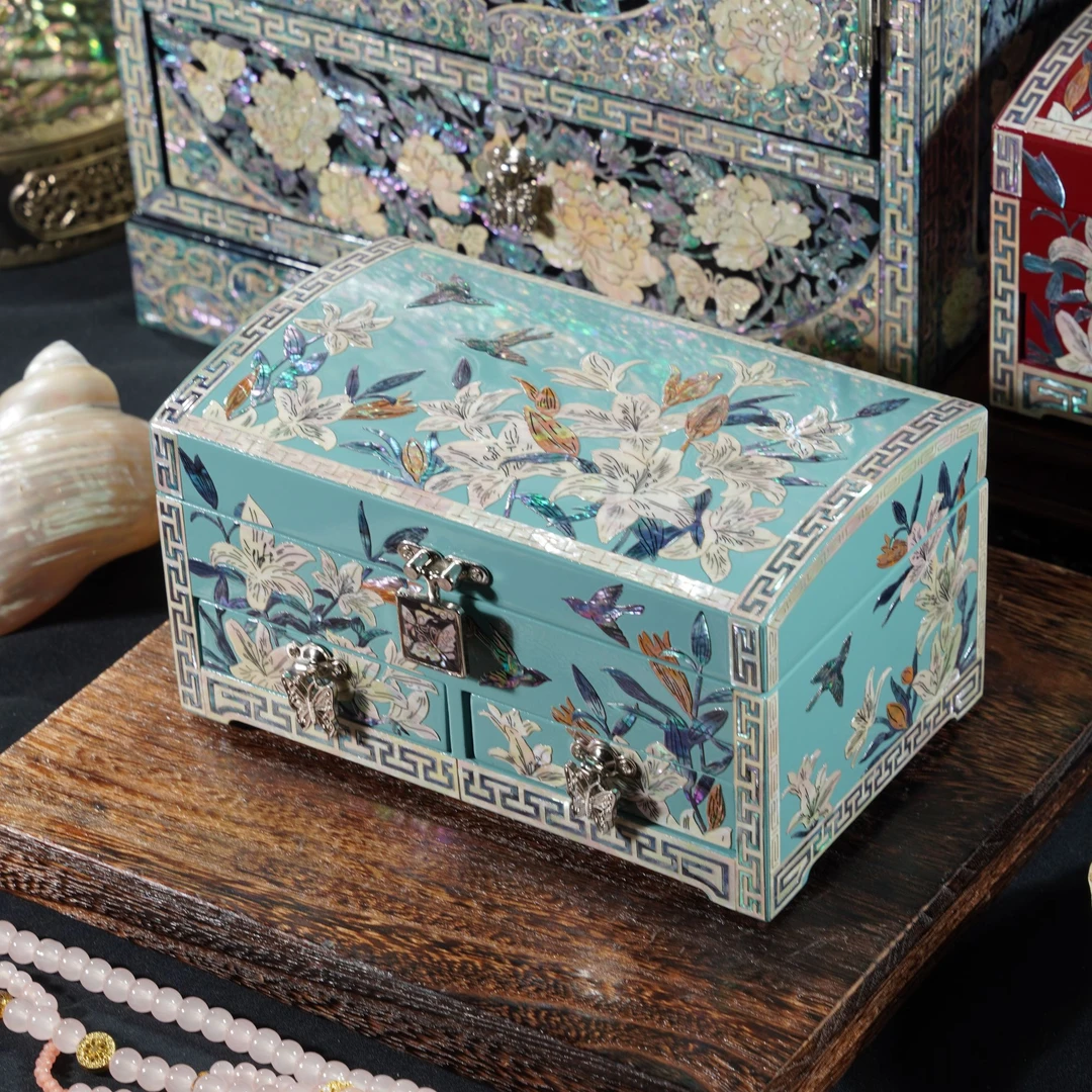 蓝百合刺绣螺钿工艺首饰盒收藏送礼收纳盒