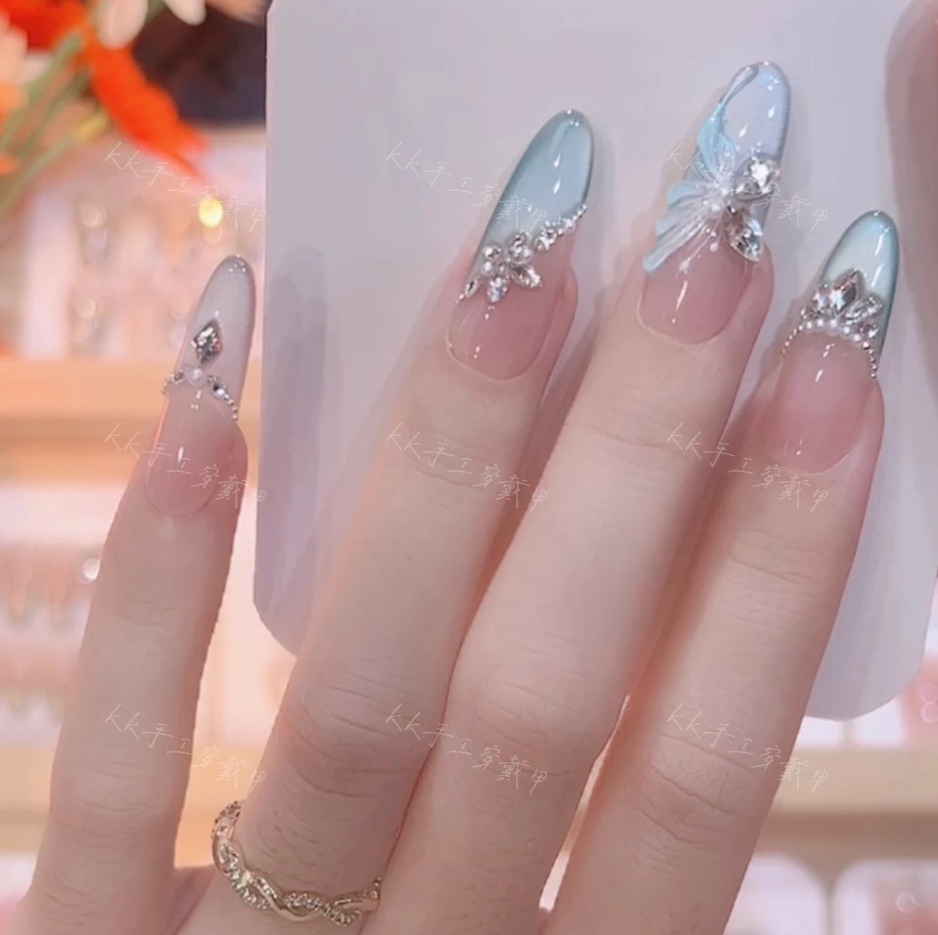 【比翼蝶梦】纯手工法式蓝色猫眼美甲贴片显白高级感穿戴甲