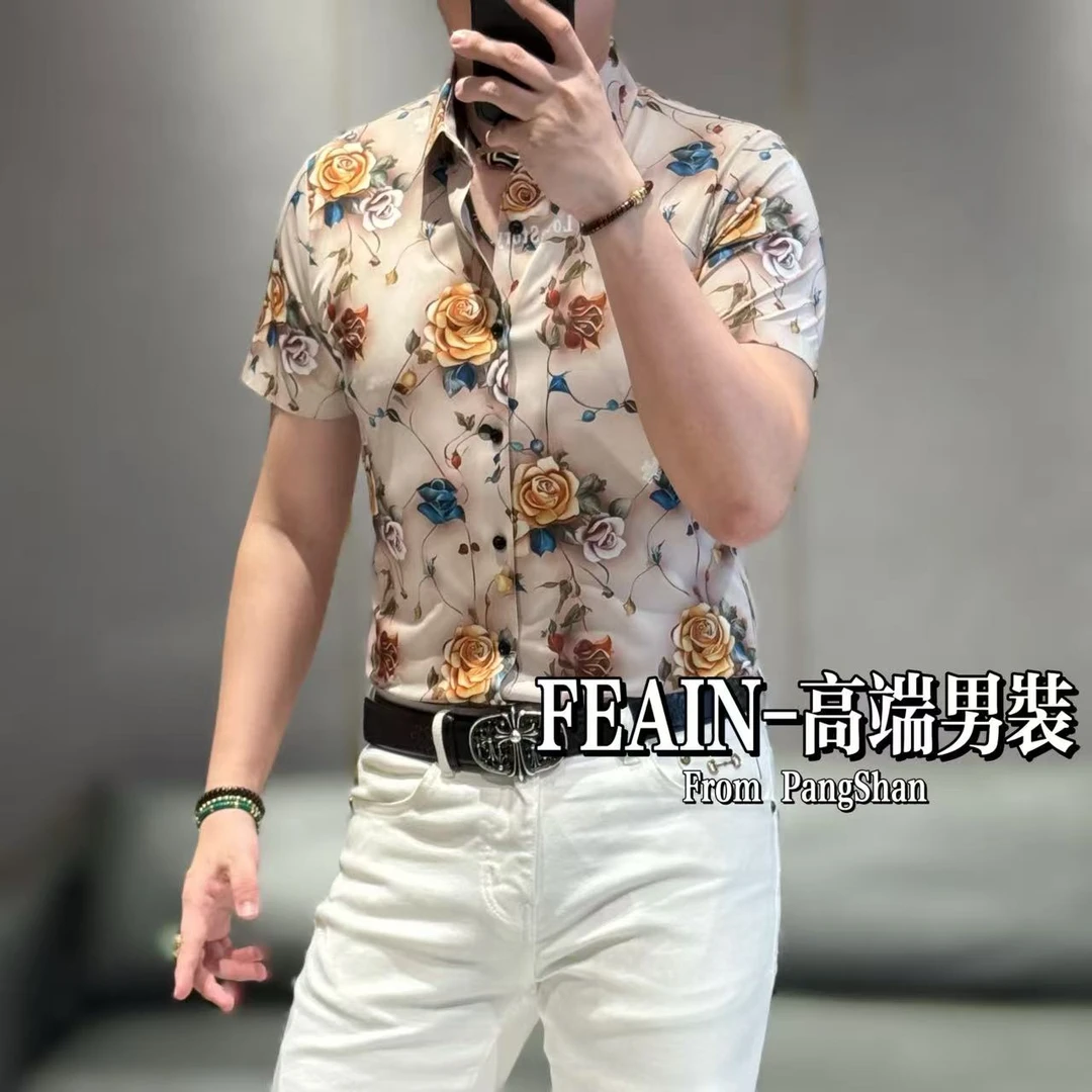 高端男士真3D裸眼玫瑰花印花工艺弹力莱卡短袖衬衫0611