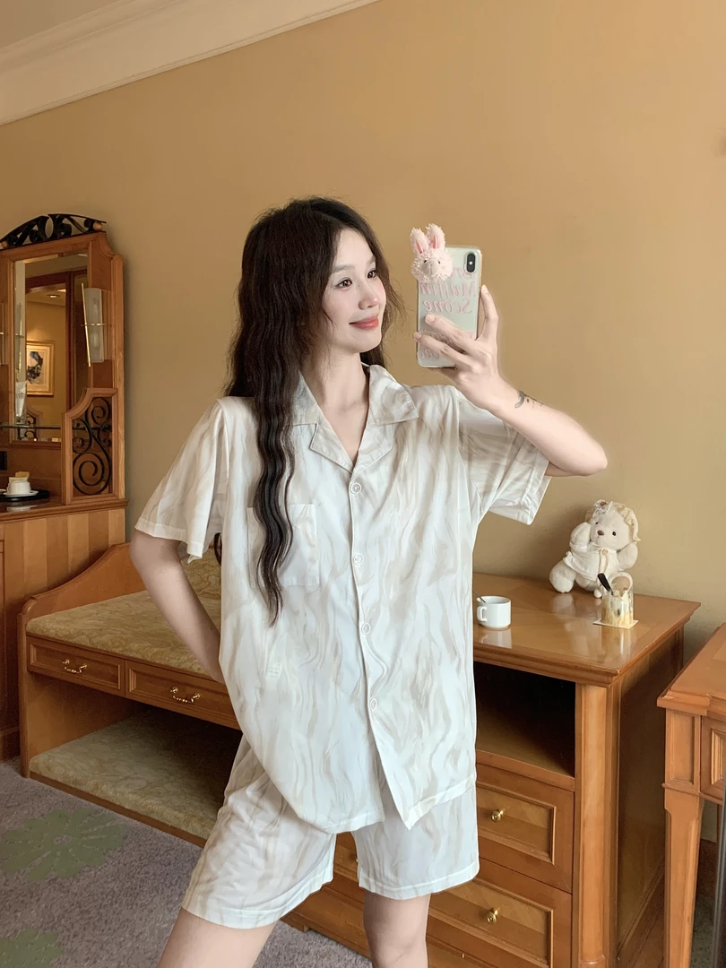大码冰丝睡衣女设计感夏季小众短袖复古睡衣甜美薄款家居服套装