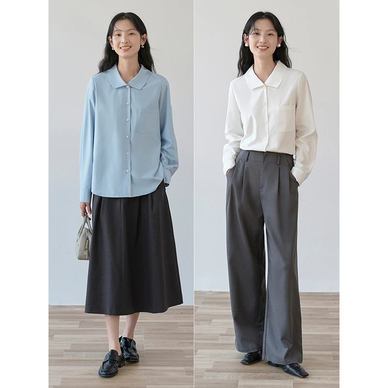 素典【通勤指南】竹纤维翻领长袖衬衫纯色宽松休闲通勤衬衣上衣3483
