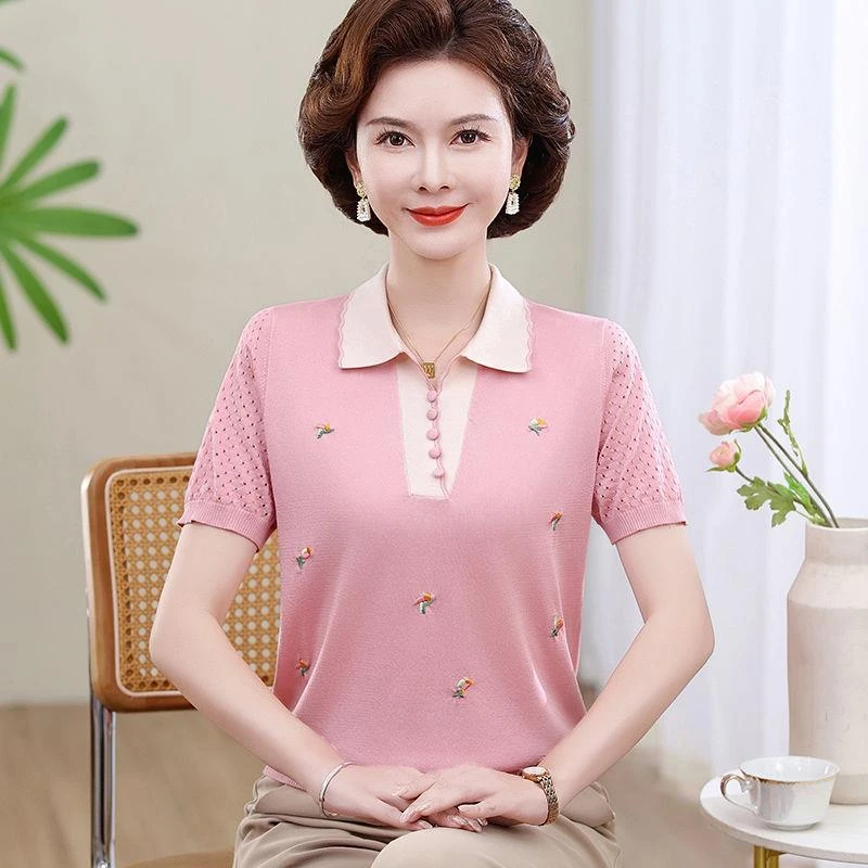 妈妈夏装冰丝短袖T恤翻领针织上衣中老年人夏季宽松洋气绣花小衫