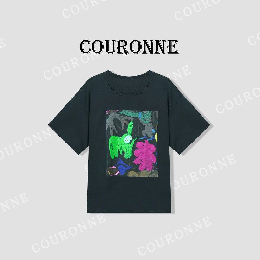 【小熊】-春夏‘’外星人‘’艺术涂鸦拼接撞色设计减龄短袖32096