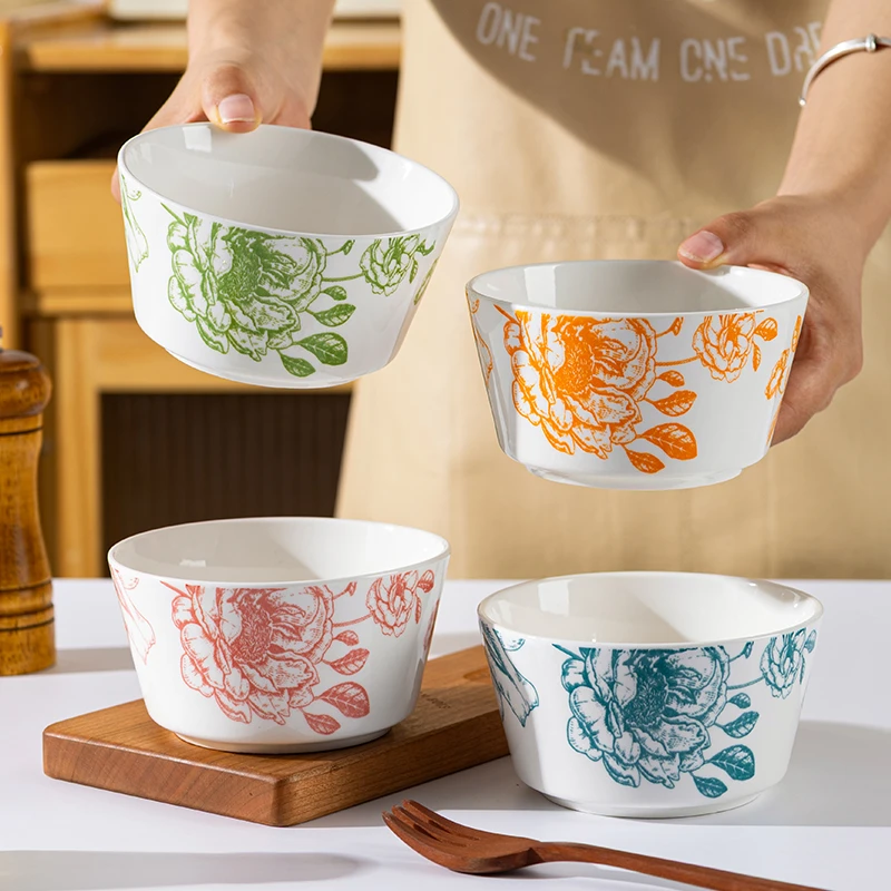 4只装 4.5英寸 玫瑰花语米饭碗四色混装家用陶瓷餐具 高温釉下彩