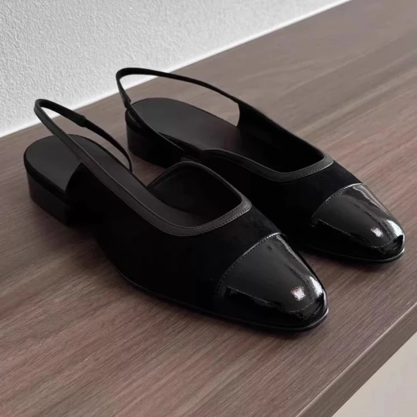 侧空小香风玛丽珍鞋女2025款百搭粗跟后空单鞋漆皮半拖鞋
