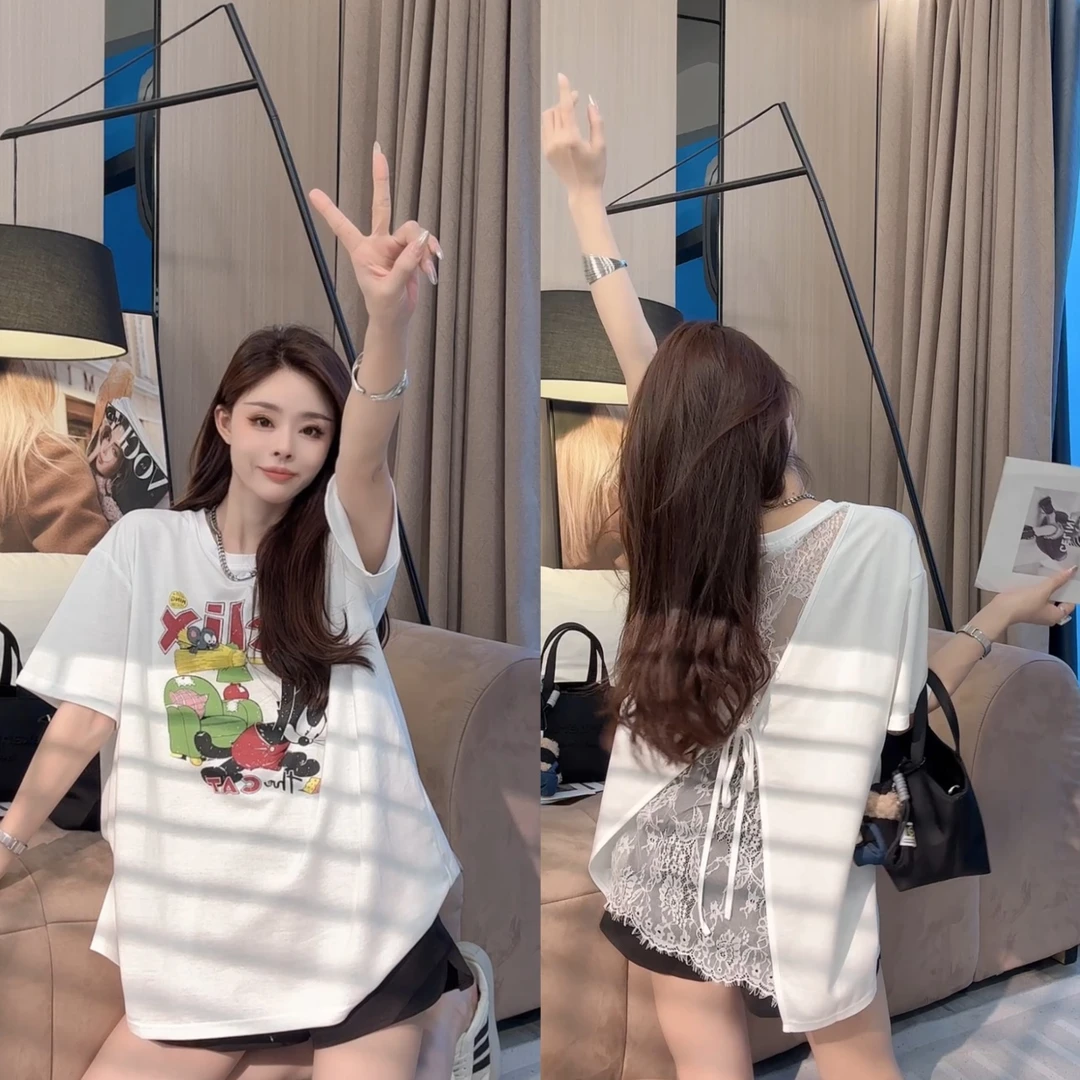 【晓溪服饰】夏季新款时尚休闲宽松卡通拼接蕾丝印花短袖T恤712