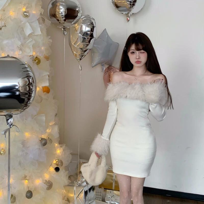 纯欲风毛绒拼接一字肩连衣裙女冬季性感收腰包臀裙短裙子修身气质