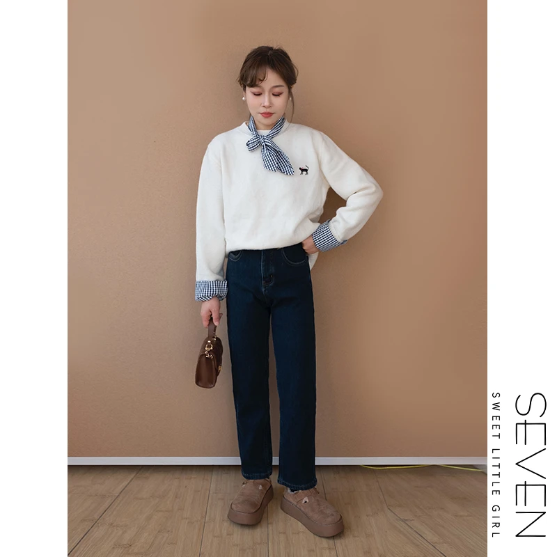 134③七七146小个子小猫刺绣格子丝巾针织毛衣女士冬款上衣小美说