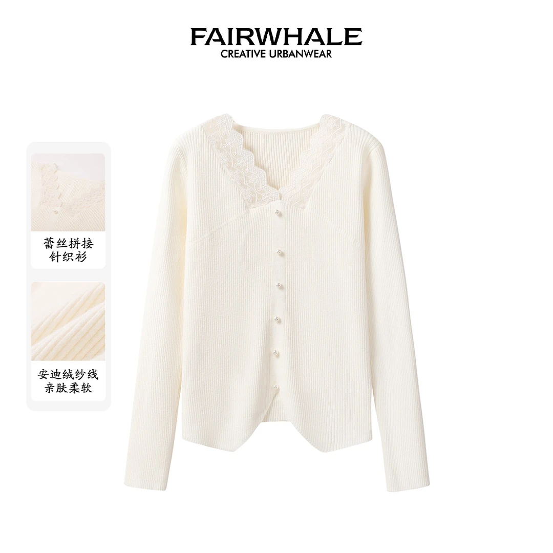 【柒柒专属】马克华菲女装V领显瘦安迪绒蕾丝拼接针织衫 F44004A008