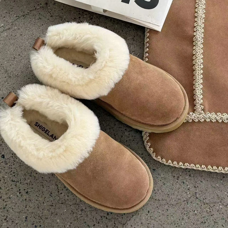 诗歌兰女鞋2025新款真皮加绒保暖雪地靴时尚羊毛一体棉鞋女9655-3