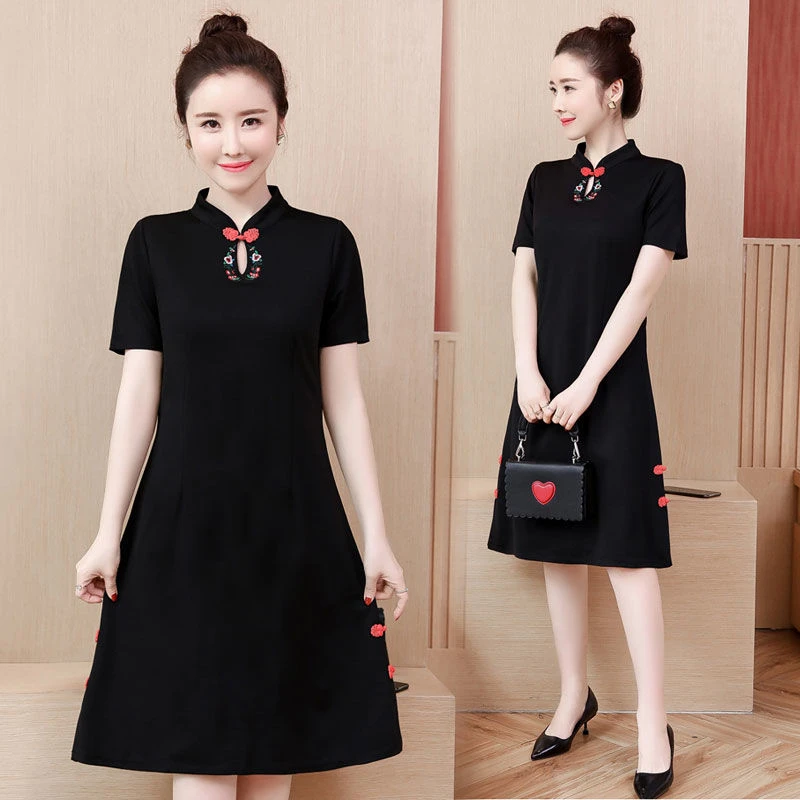 复古简约小水滴绣花短袖裙子2025春夏新款显瘦修身改良旗袍连衣裙