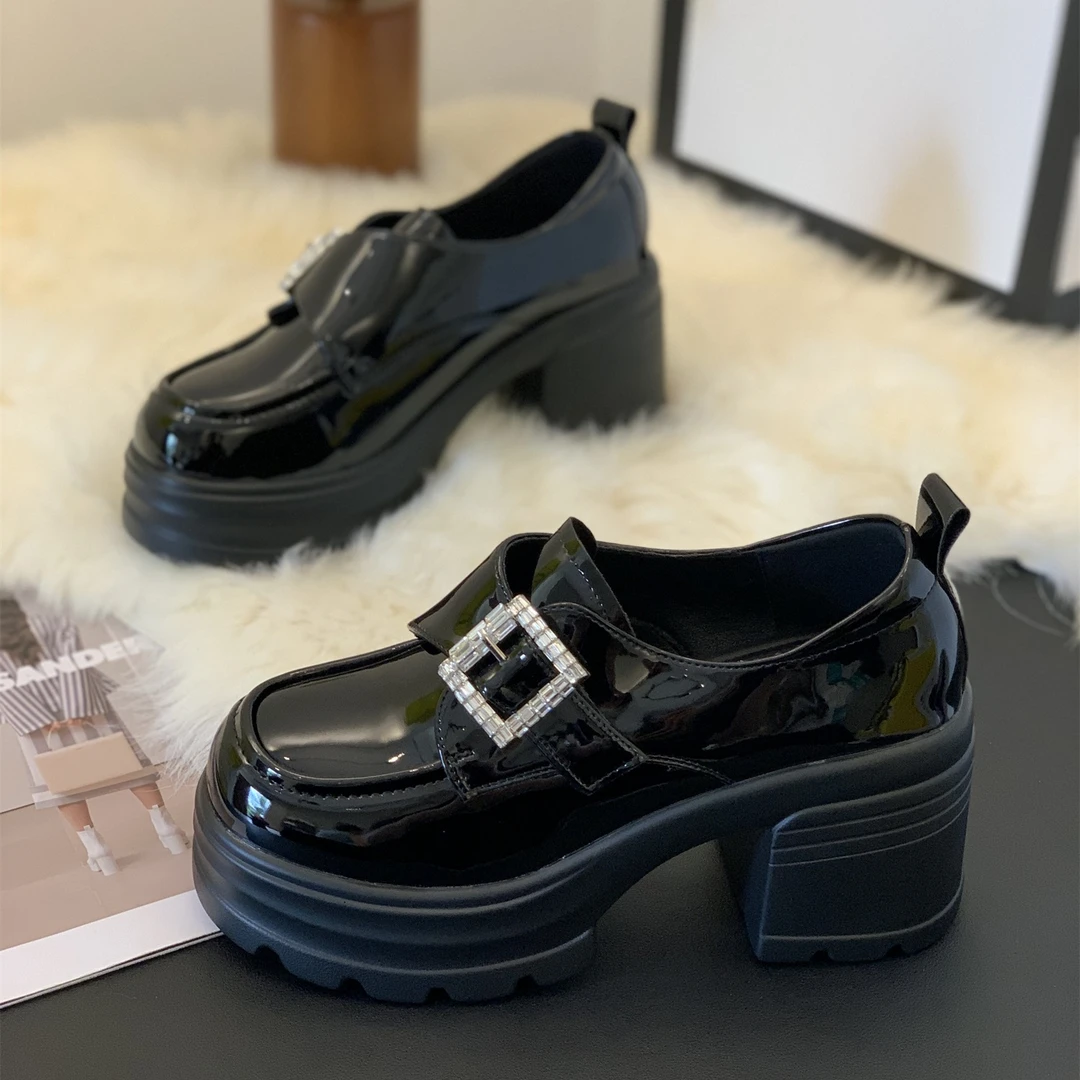 新款厚底百搭乐福鞋女2025秋季英伦风配裙子单鞋魔术贴粗跟小皮鞋