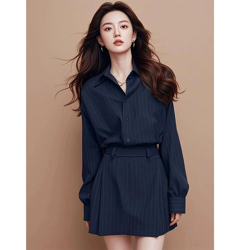 韩式新款时尚小香风藏蓝色条纹衬衫裙子两件套女2025春秋气质套装