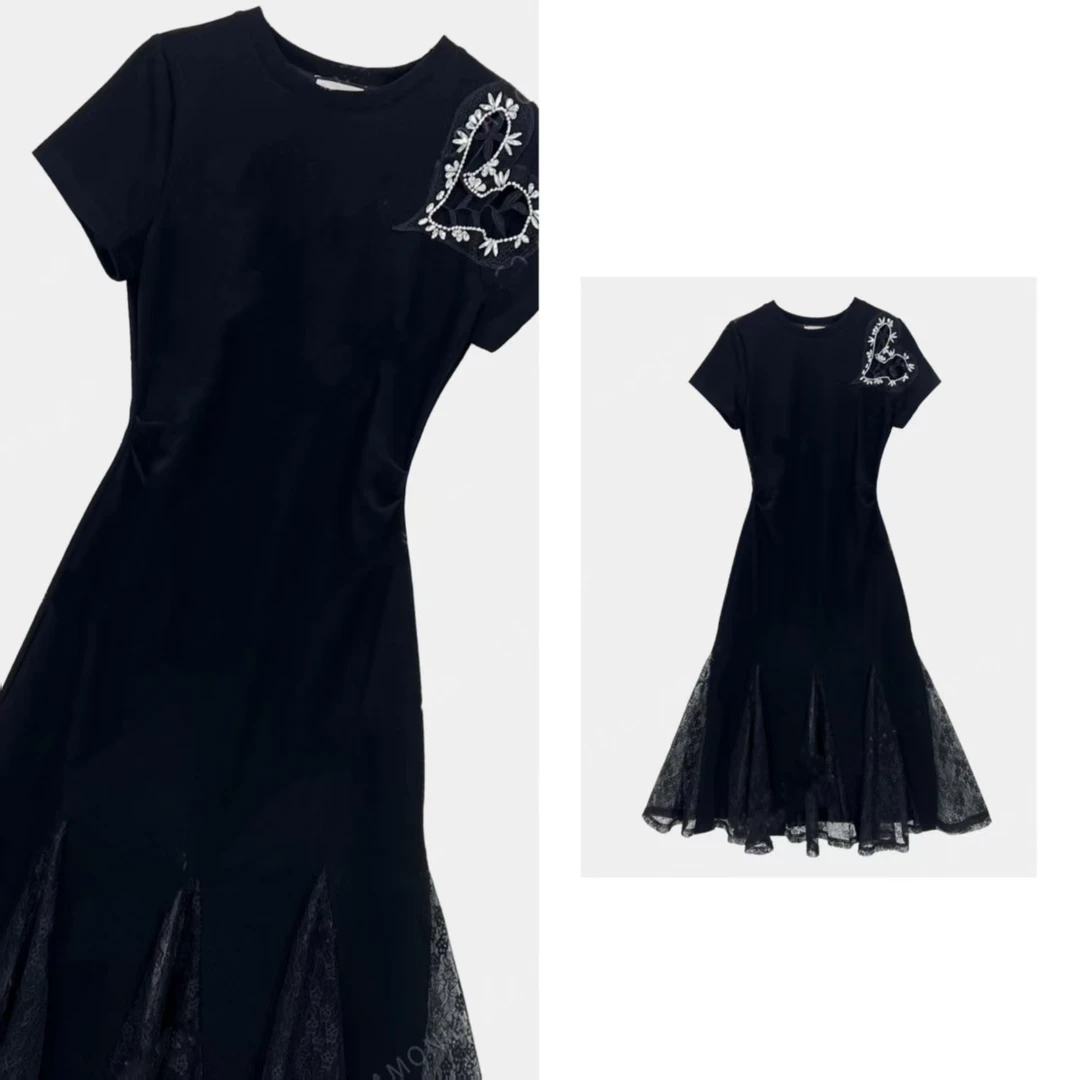 重工烫钻爱心原创新款女装拼接褶皱收腰显瘦气质连衣裙