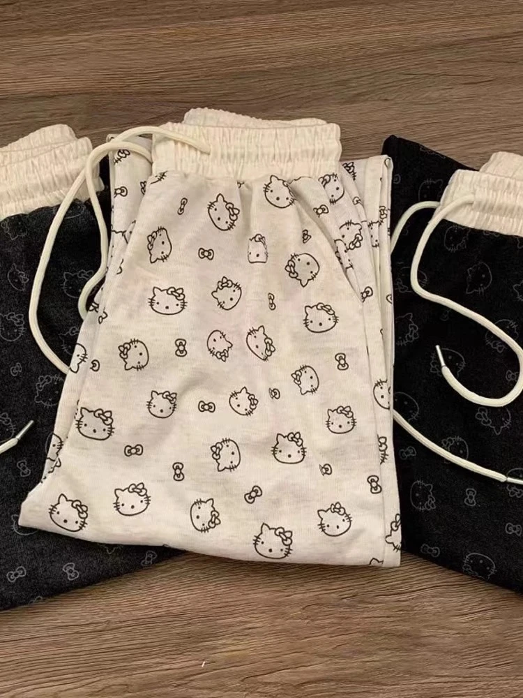 Kitty猫印花糯米阔腿裤女春秋季新款高腰垂感显瘦休闲抽绳直筒裤