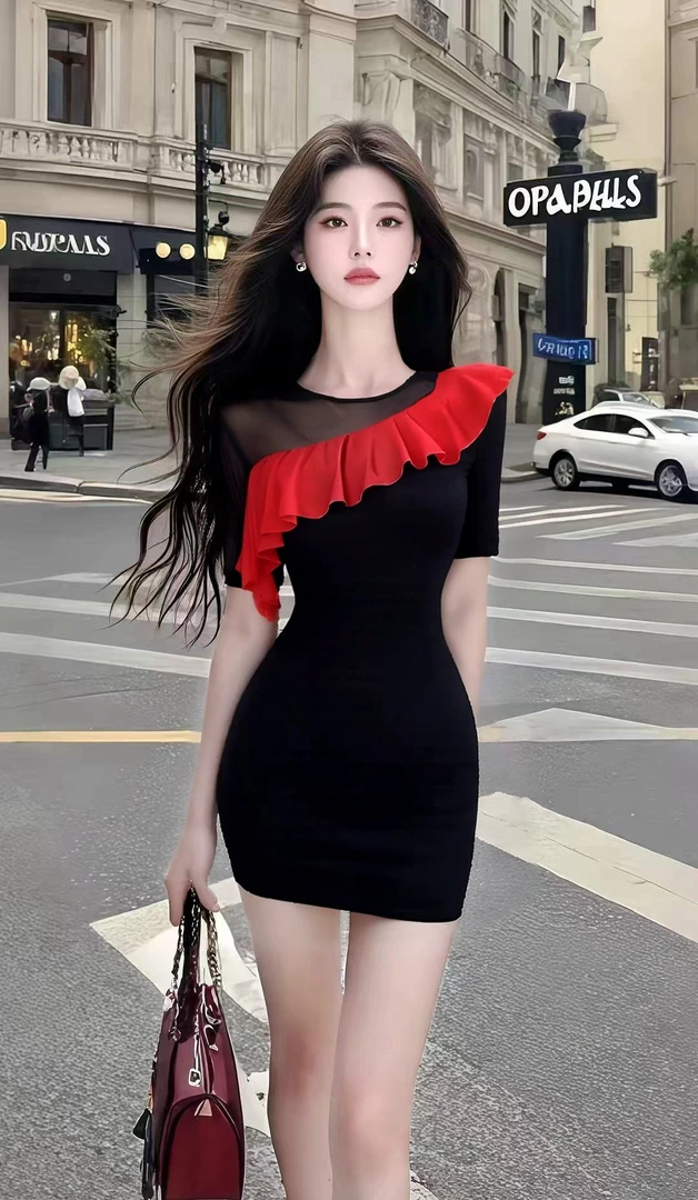 优雅高端大气法式黑色修身圆领收腰短袖包臀连衣裙轻奢时尚高级