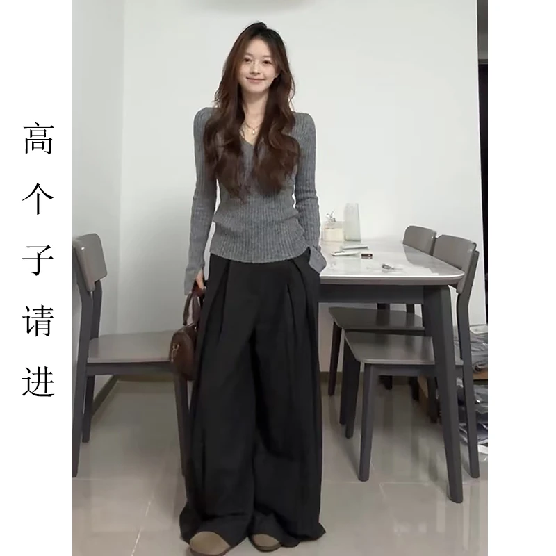 175高个子加长灰色百搭阔腿西装裤女春秋褶皱宽松垂感西裤休闲裤