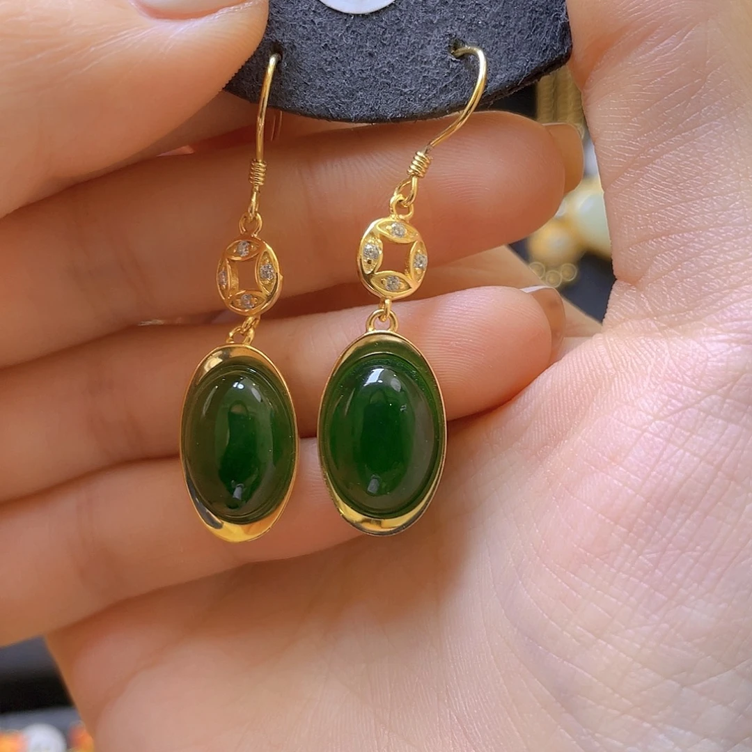 和田玉银S925镀金镶嵌耳饰