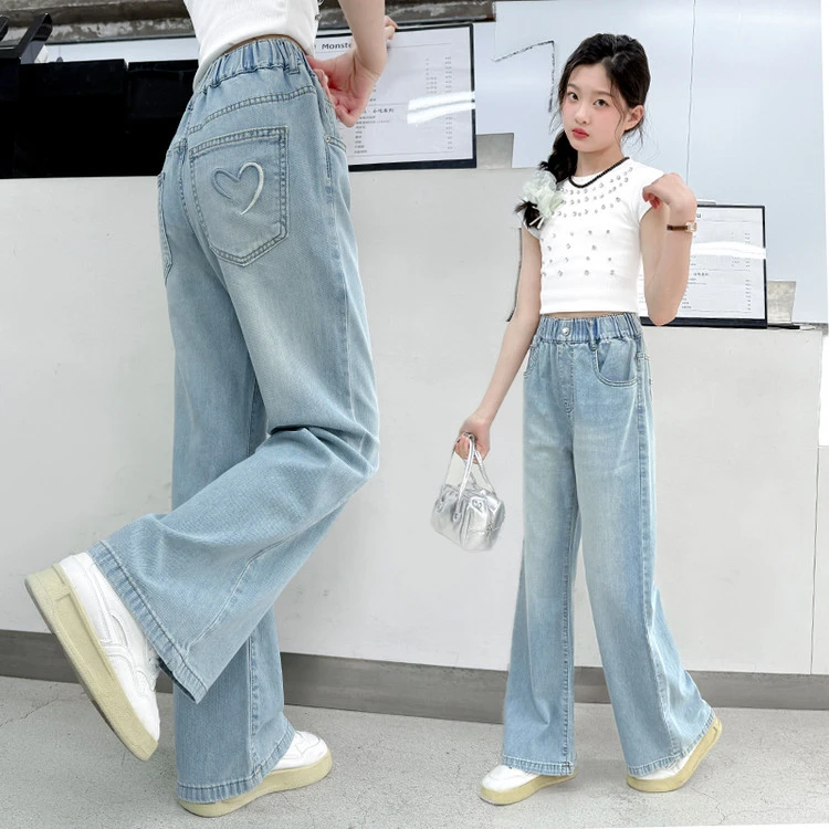 女大童裤子夏季薄款2025新款小女孩直筒阔腿裤初中生天丝牛仔长裤