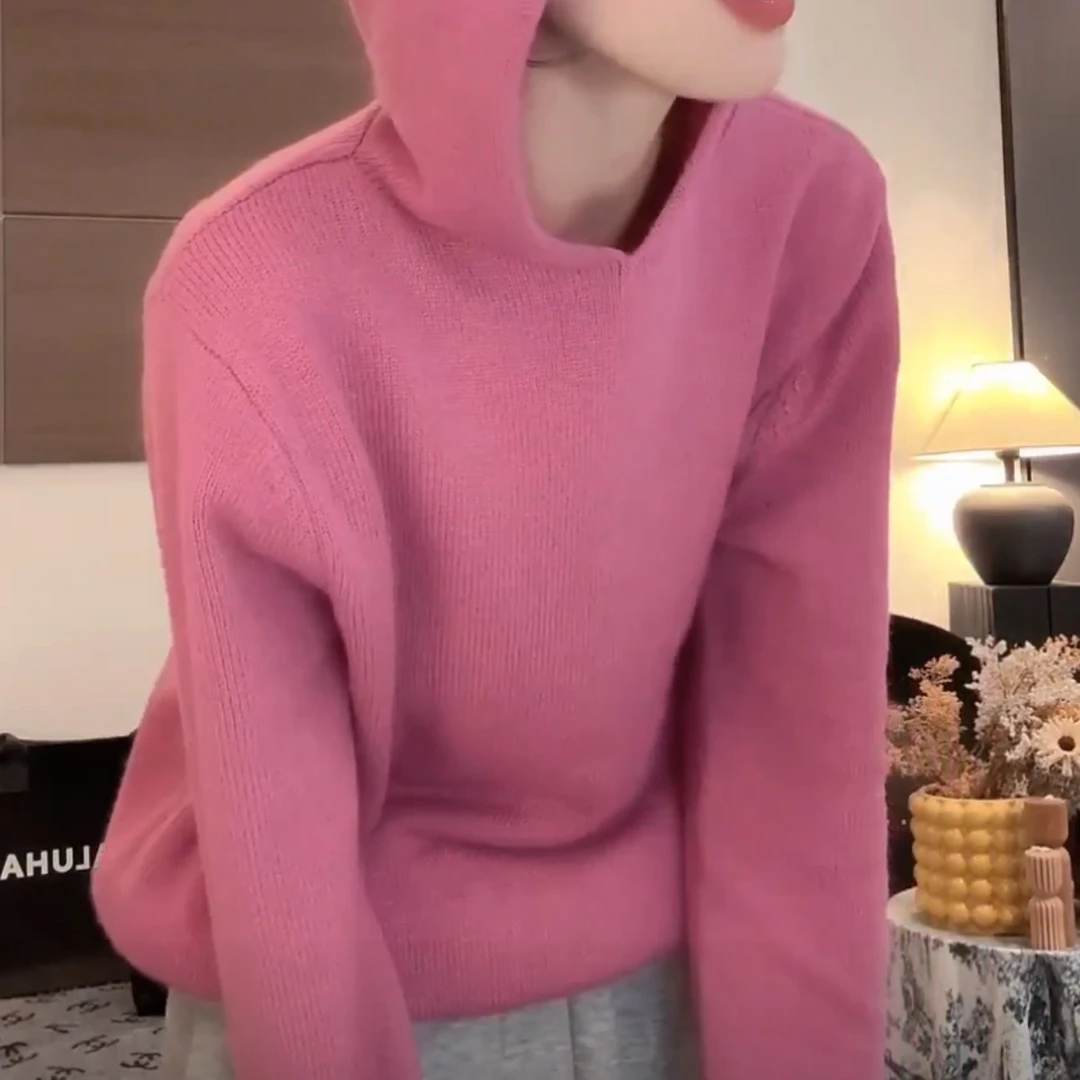 无缝一体百搭连帽毛针织衫女2025秋冬新款慵懒风纯色套头长袖毛衣