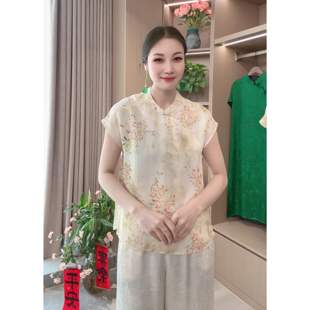 【青茉】夏季2025新款上衣小衫新中式女装国风立领提花人丝短袖衬衫