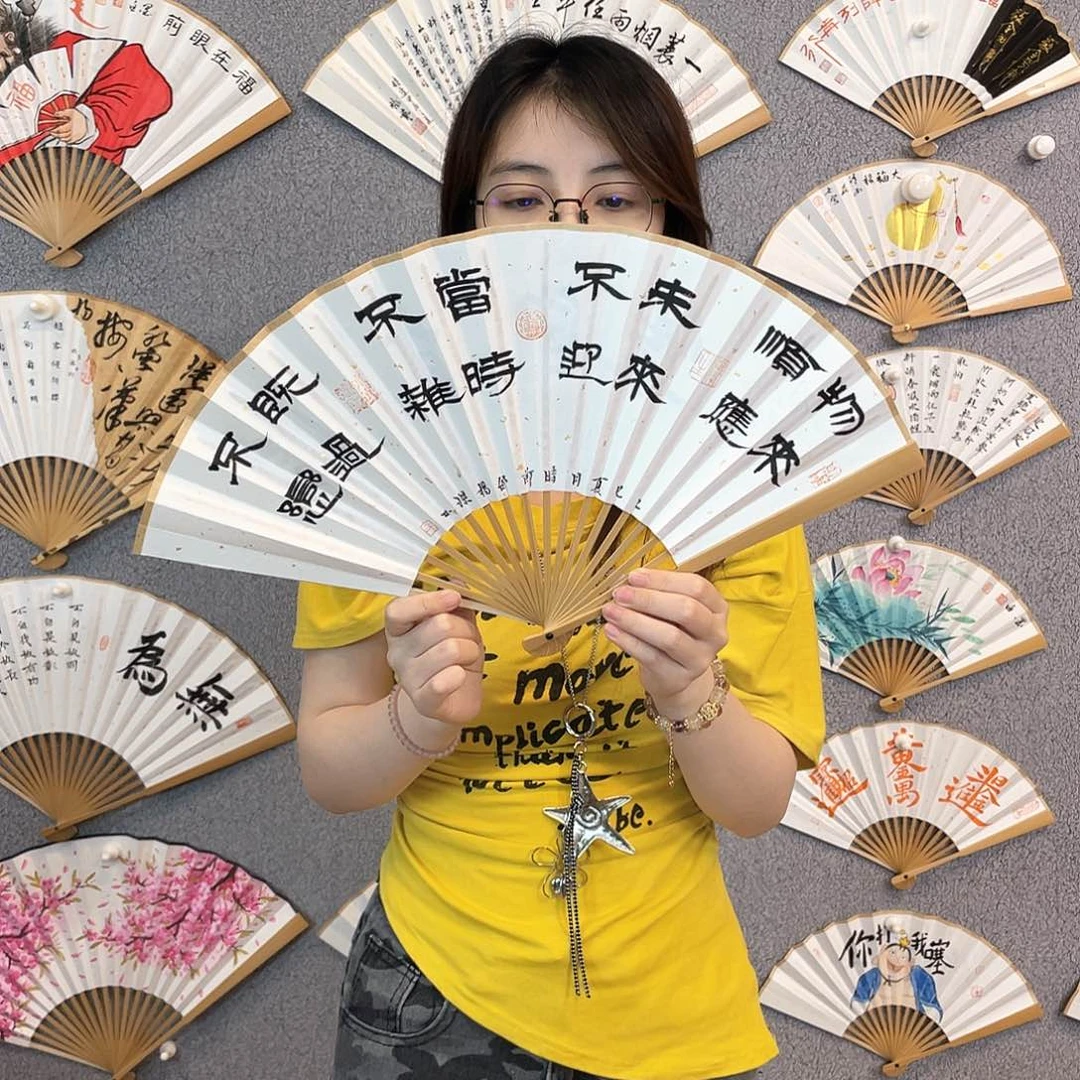 书法8寸玉竹-纯手绘-文玩扇骨（默认粘好）