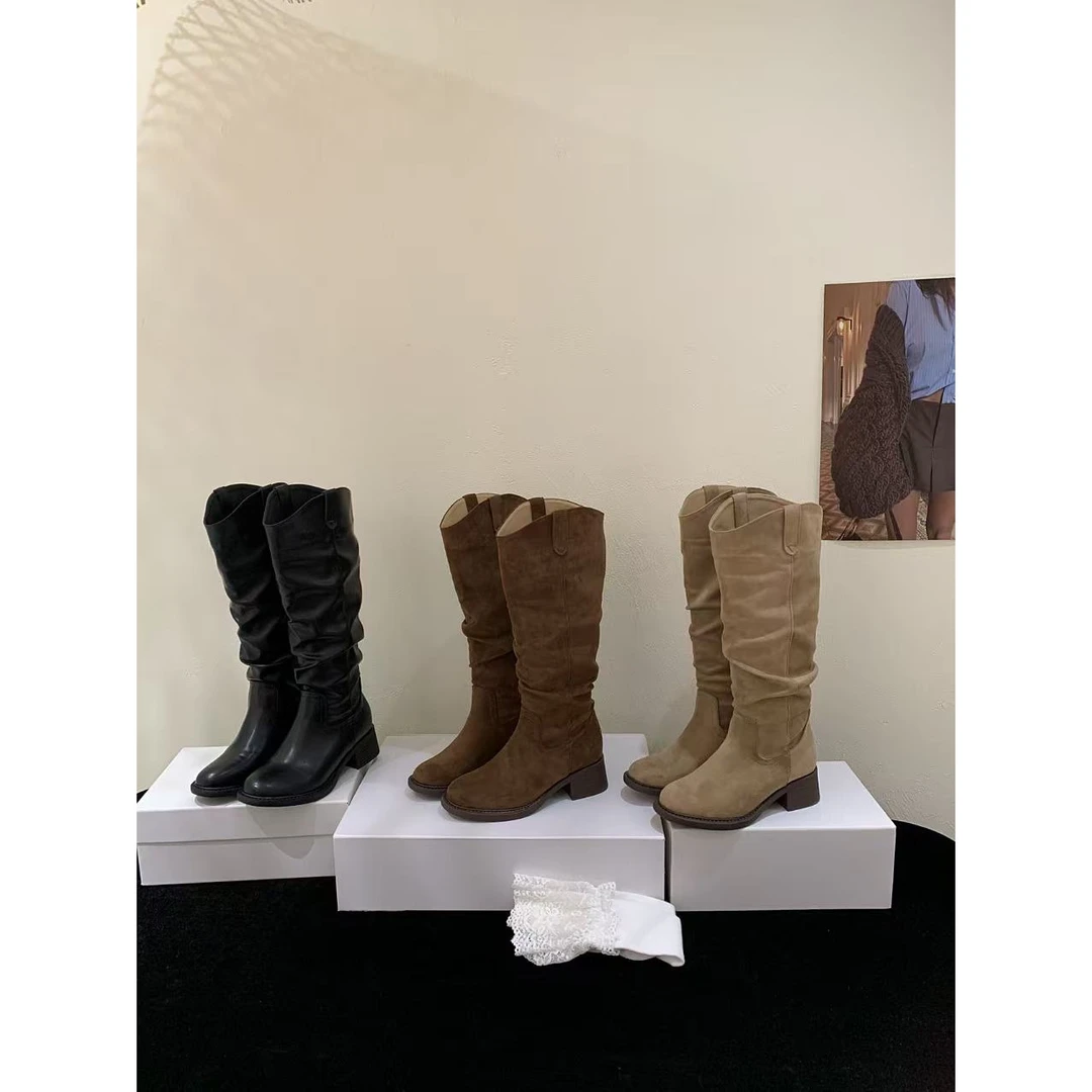 冬季复古百搭褶皱堆堆靴2025新款时尚欧美风内增高长筒靴