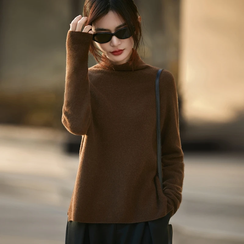 哥弟阿玛施正品冬季新款纯色堆堆领下摆开叉针织衫洋气减龄女套衫