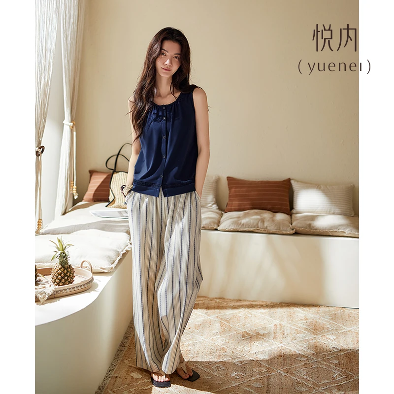 悦内带胸垫睡衣女夏季夏天纯棉无袖背心开衫长裤家居服休闲可外穿