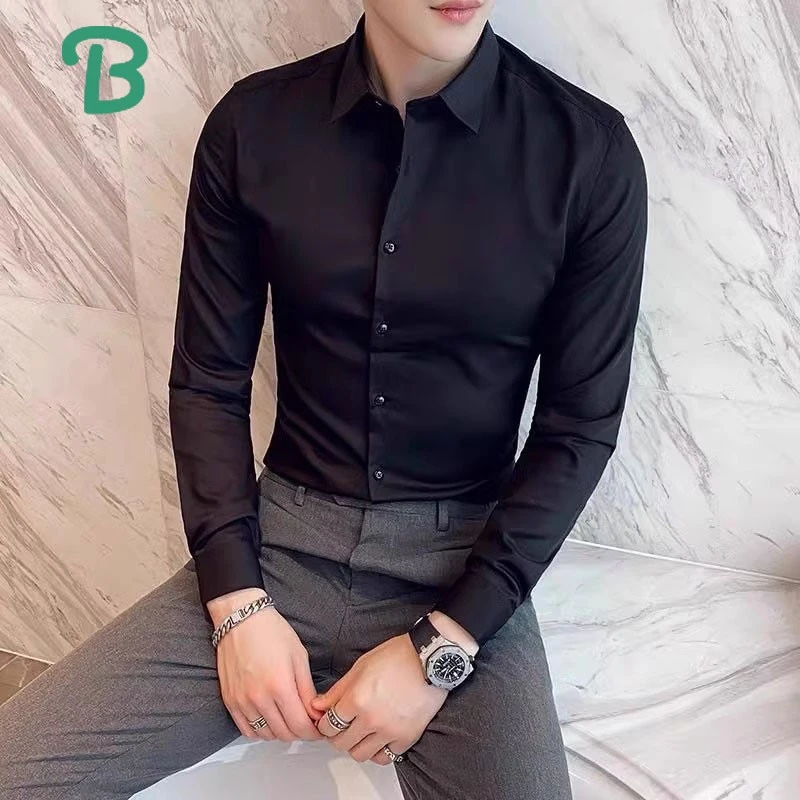 佰胤长袖衬衫男士春秋季韩版修身抗皱保暖黑色衬衣百搭商务休闲寸