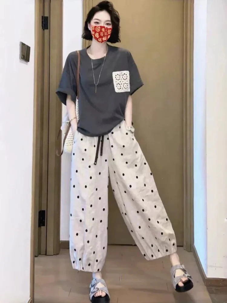 2827夏季新款波点舒适宽松显瘦百搭休闲九分裤