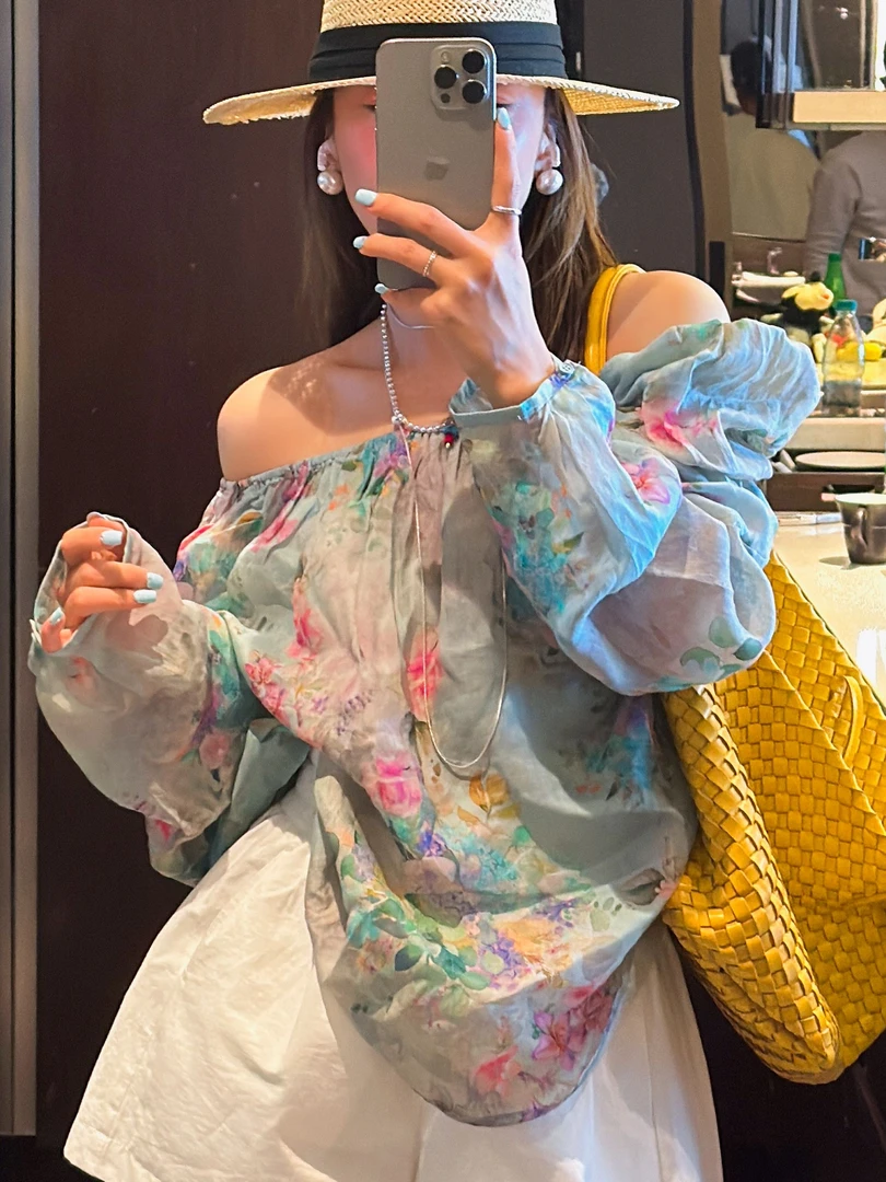 韩版新款小众设计款泡袖一字肩苎麻长袖防晒衫