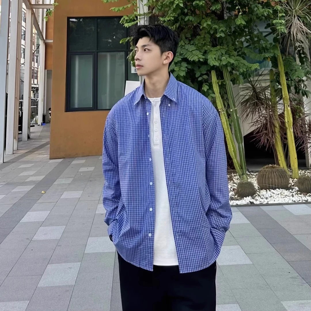 cleanfit蓝色长袖格子衬衫男款设计感通勤外套美式复古格纹衬衣