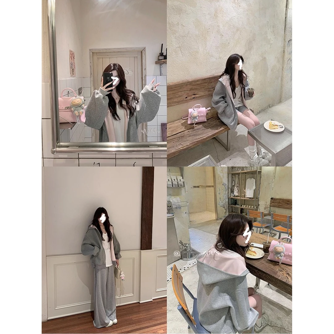 连帽卫衣外套女秋冬慵懒风宽松撞色开衫百搭微胖大码上衣XX08
