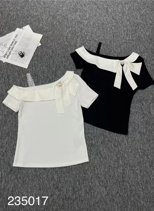 【南油颖颖】夏季拼色纯色斜领百搭常规款修身短袖常规T恤