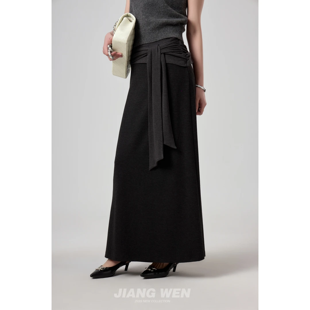 UKILAU【T台半裙】复古撞色拼接腰头拖尾半身裙【欧若风】