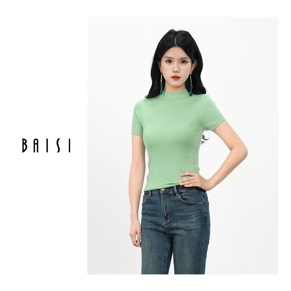 BAISI/百丝春日出行时尚收腰针织衫 ABYL401131 修身纯色圆领显瘦