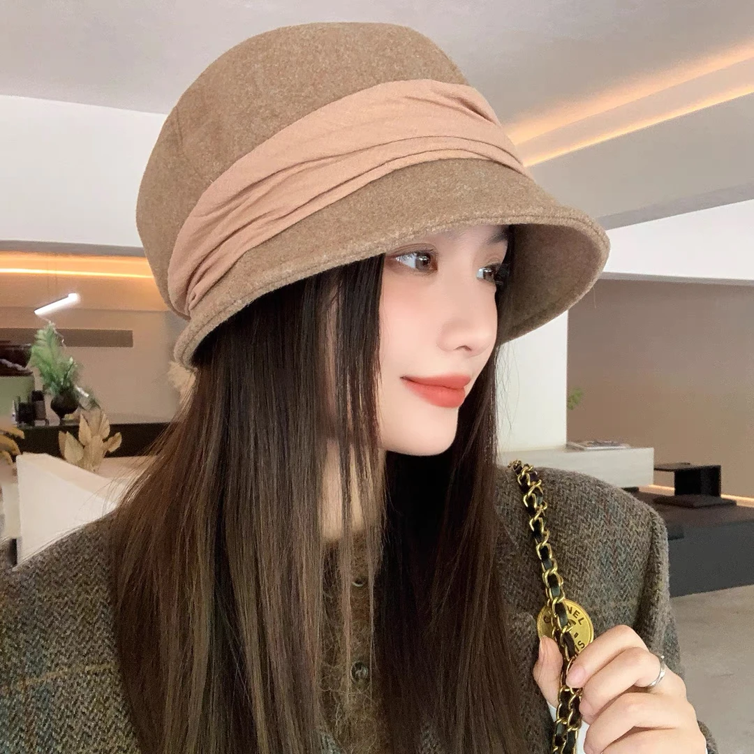 2025春秋季新款羊毛渔夫帽子女宽檐显脸小气质优雅绑带盆帽水桶帽