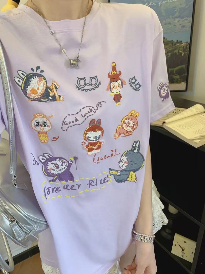 夏季新款纯棉双纱拉布卡通万针重工刺绣通肩拉条圆领短袖宽松T恤
